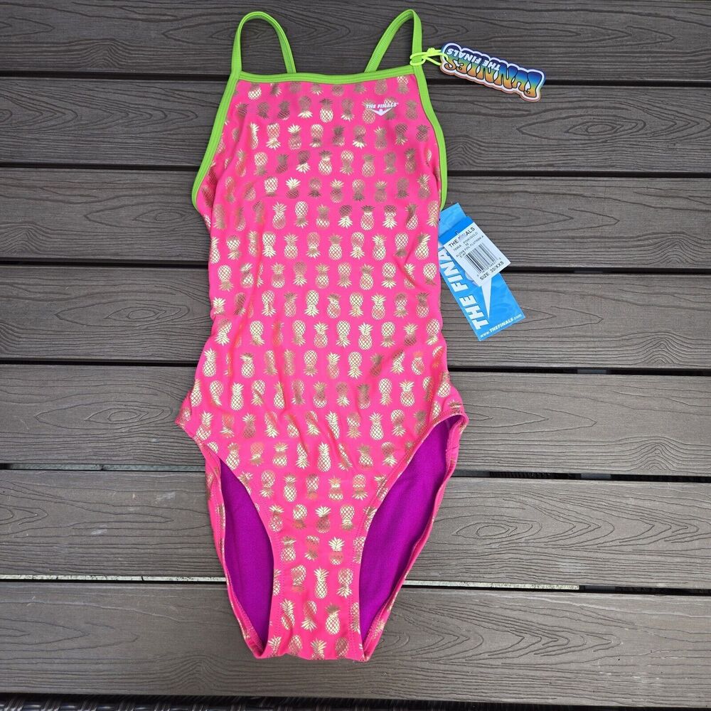 TYR The Finals Aloha Foil Pink/Gold Youth Girls 1 Piece Size 26 Swimsuit New